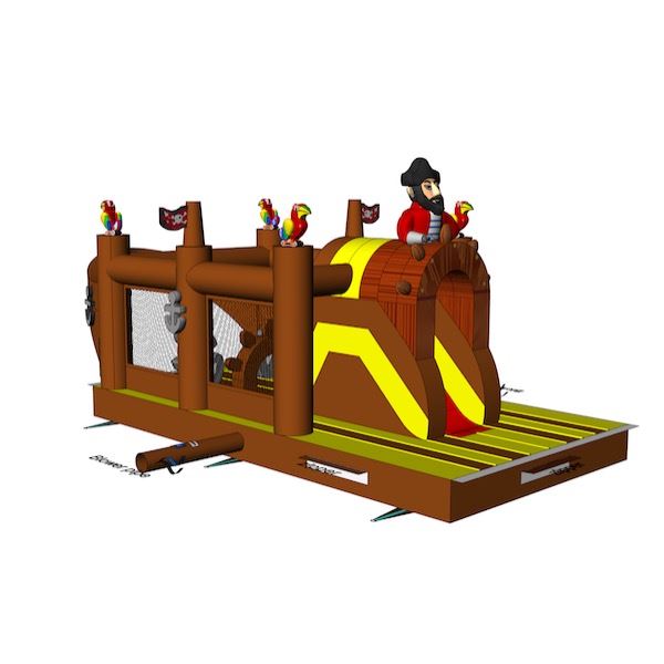 Stormbaan Piraat Deel 4 huren bij Happy Rent Stoere opblaasbare Stormbaan Piraat Deel 4 met glijbaan en obstakels – ideaal voor sportdagen en zeskampen