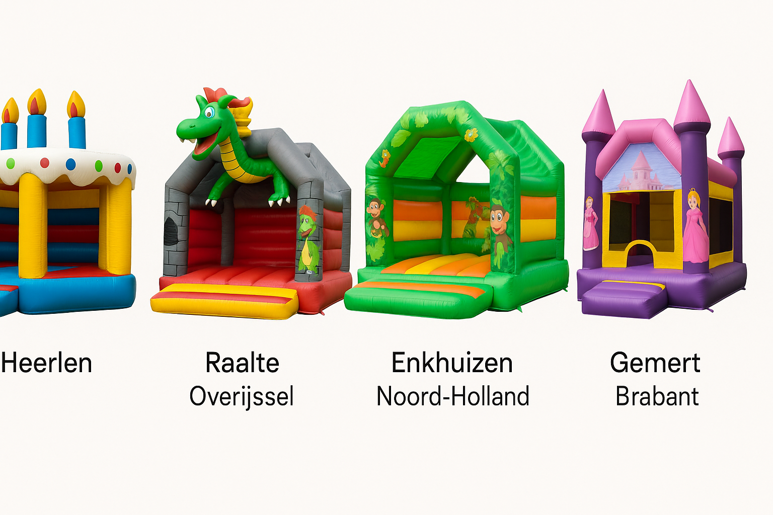 Kleine springkussens per locatie – Heerlen, Raalte, Enkhuizen & Gemert Vier kleine springkussens per locatie: Heerlen, Raalte (Overijssel), Enkhuizen (Noord-Holland) en Gemert (Brabant)