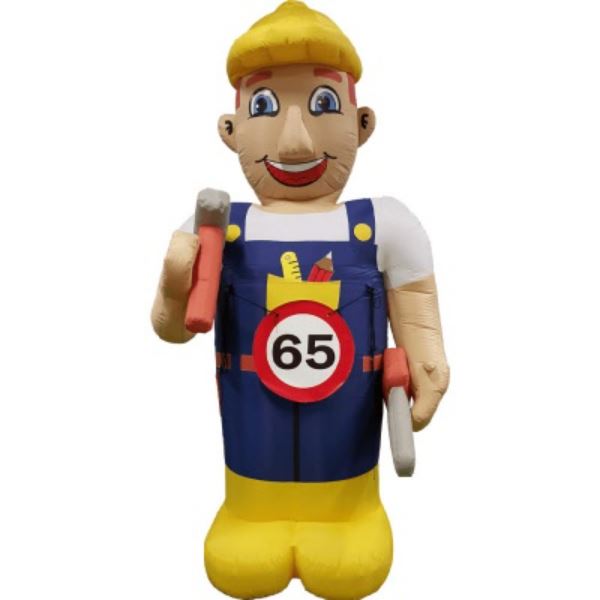 Opblaasbare Abraham Klusser 3,5 meter Opblaasbare Abraham Klusser van 3,5 meter hoog met bouwhelm en gereedschap, ideaal voor verjaardagen en feestjes