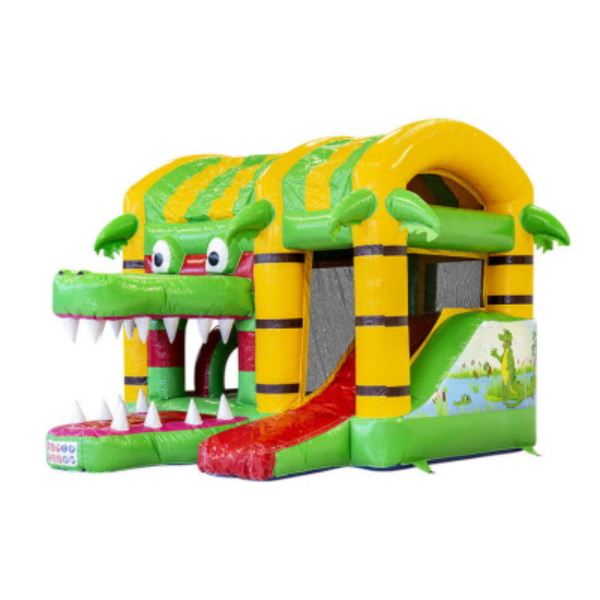 Multiplay Springkussen Krokodil voorkant Multiplay Springkussen Krokodil met grote bek huren bij Happy Rent – vrolijk springplezier voor kinderen