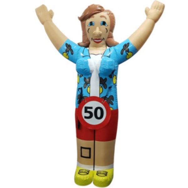 Opblaasbare Sarah Vakantievrouw 3,5 meter Opblaasbare Sarah Vakantievrouw van 3,5 meter hoog met Hawaii-shirt en zonnebril, vrolijke feestpop voor verjaardagen