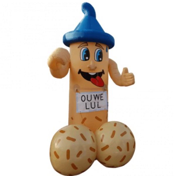 Abraham βOuwe Lulβ feestpop zijaanzicht Opblaasbare Abraham βOuwe Lulβ pop van de zijkant met vrolijke gezichtsuitdrukking en blauwe hoed