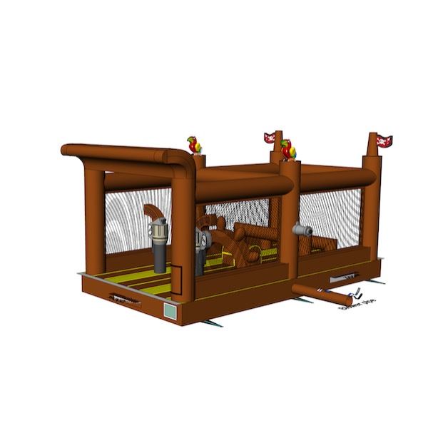 Stormbaan Piraat deel 2 huren bij Happy Rent Opblaasbare stormbaan in piratenthema met glijbaan en hindernissen – ideaal voor sportdagen en evenementen