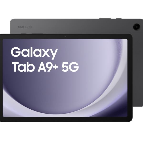 Samsung Tablet (horizontale zijde) Vooraanzicht van de Samsung Galaxy Tab A9+ 5G met donkergrijze behuizing en helder display