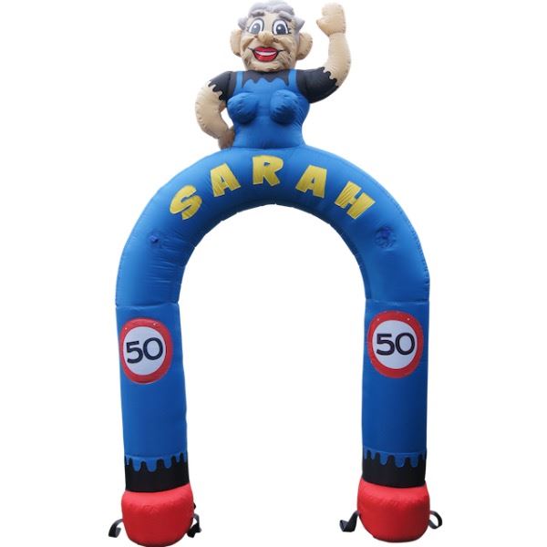 Sarah Feestboog huren bij Happy Rent Opblaasbare Sarah Feestboog met vrolijke kleuren en versiering – perfecte blikvanger voor een 50ste verjaardag of Sarah-feest