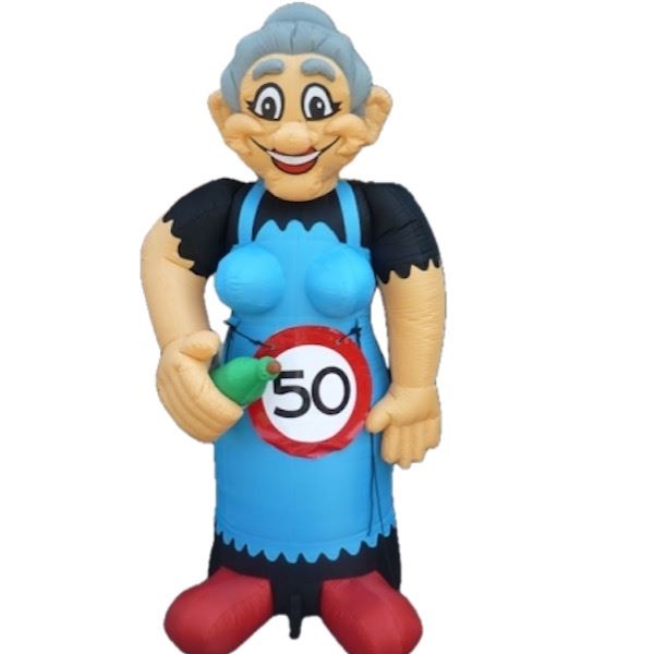 Opblaasbare Sarah Cartoon 3,5 meter Feestelijke opblaasbare Sarah pop van 3,5 meter met 50-banner