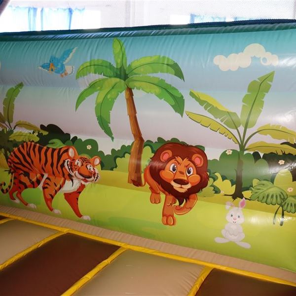 Springkussen in Amazone-thema Amazone springkussen met kleurrijke jungledecoraties